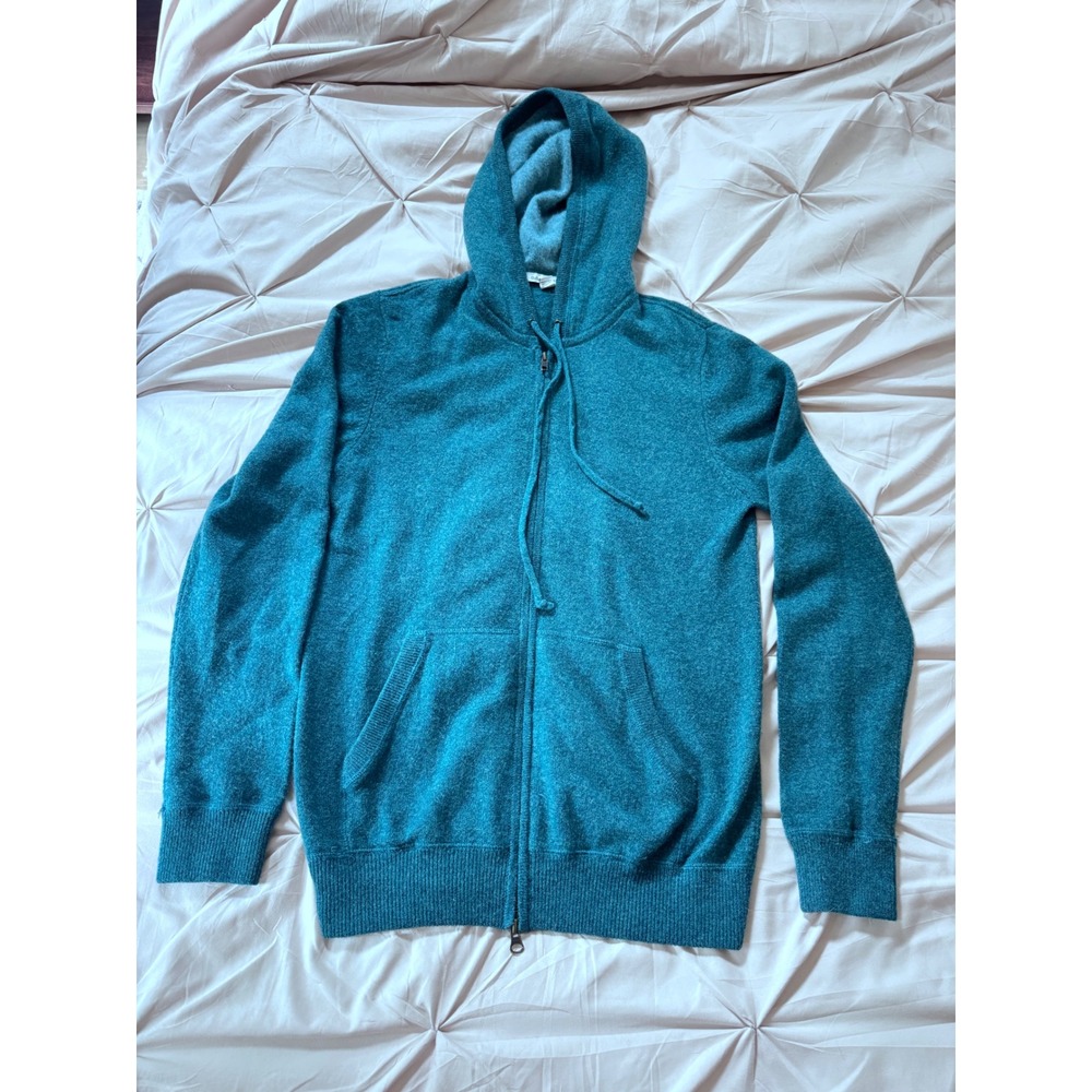 Autumn Cashmere Mens Green Blue 100% Pure Cashmere Full Zip Hoodie Sweater M
